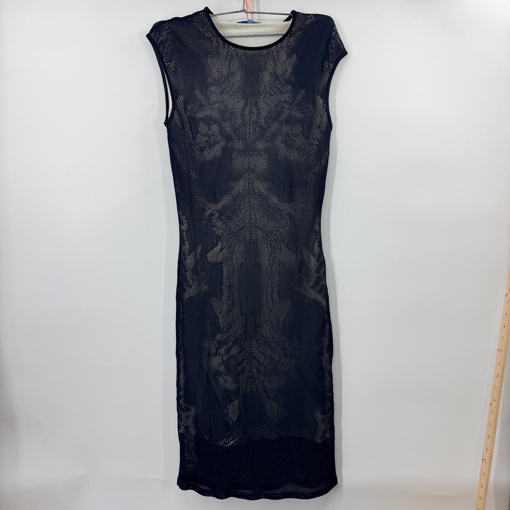 Antonio Melani Navy Blue Sleeveless Pointelle Mesh Knit Sheath Dress Womens XS